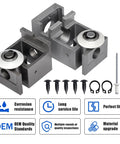 RV Schwintek Bearing Block Kit For In Wall Slide Outs With Upper And Lower Aluminum Blocks And V Roller Rivets displayed with parts