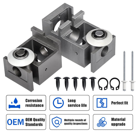 RV Schwintek Bearing Block Kit For In Wall Slide Outs With Upper And Lower Aluminum Blocks And V Roller Rivets displayed with parts