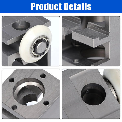 Close-up of RV Schwintek Bearing Block Kit with upper and lower aluminum blocks and V roller rivets for slide outs.