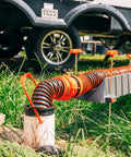 Installed 3 In 1 RV Sewer Hose Adapter And Drain Seal With RhinoExtreme Hose And Handle, connected to 4 inch inlet, in-use view