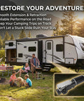 Family camping by RV showing RV Slide Out Motor Gearbox Assembly For BAL AccuSlide Cable System High Torque 12V 12 RPM Replacement.