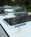 White Solar Double Cable Entry Gland Box for RV Roofs and Boats Waterproof ABS Cable Pass Through Housing with PG11 Connector installed on RV roof.