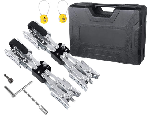 X Shaped RV Stabilizer Wheel Chock For Dual Axle Travel Trailers And Campers With Drill Adjust, Reduces Sway, Quick Install, And Secure Parking, Maxchock 2 Pack For Easy Camping Setup shown with carrying case.