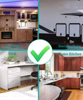 Four images showing RV kitchen, storage door, office desk, and home kitchen with green check mark overlay.