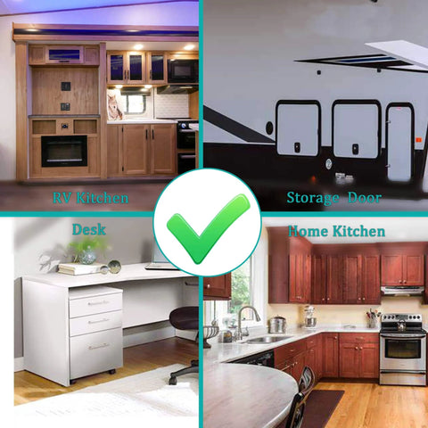 Four images showing RV kitchen, storage door, office desk, and home kitchen with green check mark overlay.