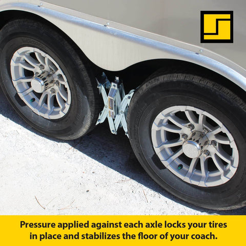 Heavy Duty Tandem Axle RV Wheel Chocks And Tire Stabilizers 2 Pack Keeps Campers Trailers Secure Fits Tires From 2 To 17 Inches Stromberg Carlson installed between wheels