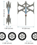 Diagram of American Made Built Tough Heavy Duty Wheel Stabilizer Pair With One Handle For RV And Trailer Stabilization Reduces Tire Sway Between Tandem Tires With Zinc Coated Steel, showing dimensions for installation between tandem tires.