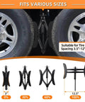 Durable X Shaped RV Tire Stabilizer For Dual Axle Travel Trailers And Campers OULEME Anti Move Wheel Wedge Universal Fit For 3.5 To 12 Inch Wheel Gaps Rust Resistant Steel 2 Pack showing installation and fit sizes