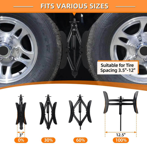 Durable X Shaped RV Tire Stabilizer For Dual Axle Travel Trailers And Campers OULEME Anti Move Wheel Wedge Universal Fit For 3.5 To 12 Inch Wheel Gaps Rust Resistant Steel 2 Pack showing installation and fit sizes