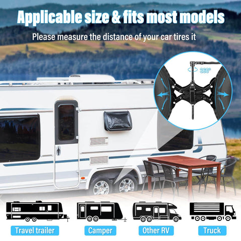 X Chocks Wheel Stabilizer 2 Pack For RVs And Travel Trailers Fits 3 To 10 Inch Wheel Gaps showing application on RV