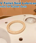 RV toilet seal lubricant with rubber seal on a white surface, illustrating use for maintaining toilet seals.