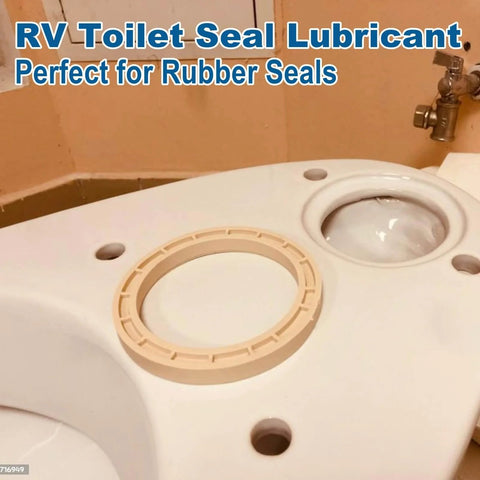 RV toilet seal lubricant with rubber seal on a white surface, illustrating use for maintaining toilet seals.