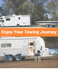 Two parked RVs, one towing a boat and one with camping setup, in a forested area under clear skies.
