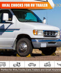 RV parked with 4 Pack Non Slip Wheel Chocks For RVs And Travel Trailers With Rope For Easy Removal Lightweight Plastic Wheel Stoppers on uneven surface