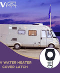 RV parked by water with a close-up of a black, powder-coated metal cam lock for securing water heater covers.