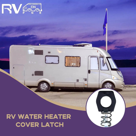 RV parked by water with a close-up of a black, powder-coated metal cam lock for securing water heater covers.