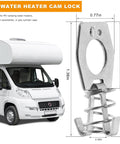 Two Pack RV Water Heater Cam Lock Set Stainless Steel Door Latch Fastener With Thumb Ring And Spring next to RV diagram.