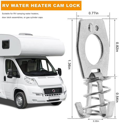 Two Pack RV Water Heater Cam Lock Set Stainless Steel Door Latch Fastener With Thumb Ring And Spring next to RV diagram.