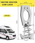 RV Water Heater Cam Lock 2 Pack Stainless Steel Twist Latch Fastener With Hook dimensions and RV illustration.