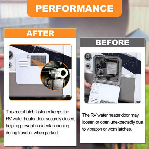 Effortless, durable RV water heater door latch kit delivers secure twist cam locking for campers before and after comparison