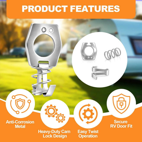 Effortless, durable RV water heater door latch kit with secure twist cam locking, includes springs and clips, anti-corrosion alloy steel.