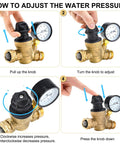 Instructions for adjusting No Tool Required RV Water Pressure Regulator With Gauge For Campers, showing adjustable knob and gauge.