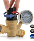 adjustable RV water pressure regulator with gauge for tool-free control, brass construction, and lead-free design