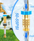 High Flow RV Water Pressure Regulator 50-55 Psi For Campers And Trailers Three Quarter Inch Brass Inline Reducer attached to faucet