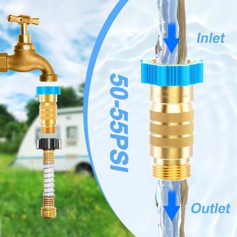 High Flow RV Water Pressure Regulator 50-55 Psi For Campers And Trailers Three Quarter Inch Brass Inline Reducer attached to faucet