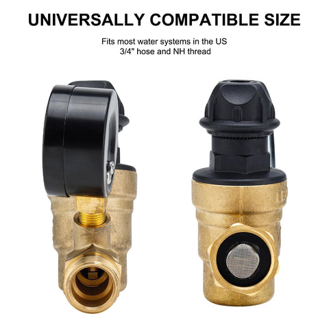 No Tool Required RV Water Pressure Regulator With Gauge For Campers, Brass Lead-Free Water Reducer With Adjustable Knob And Inlet Screen