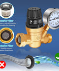 Heavy Duty RV Water Pressure Regulator With Built In Gauge And Adjustable Handwheel For Campers And Travel Trailers Lead Free Brass Water Pressure Reducer With Filters