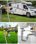 No Tool Required RV Water Pressure Regulator With Gauge For Campers, Brass Lead-Free Water Pressure Reducer installed on RV hose