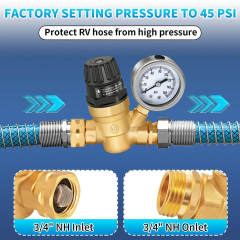 Heavy Duty RV Water Pressure Regulator With Built In Gauge And Adjustable Handwheel For Campers And Travel Trailers Boltigen