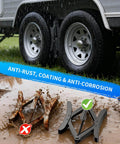 Heavy Duty X Shaped Camper RV Wheel Chock Stabilizer Two Pack With Wrench From BEBOBLY installed between tires in rain