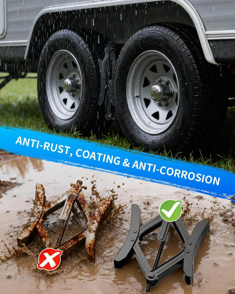 Heavy Duty X Shaped Camper RV Wheel Chock Stabilizer Two Pack With Wrench From BEBOBLY installed between tires in rain
