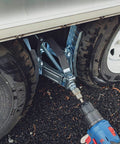 Camper Wheel Chock Heavy Duty Rotatable X Shaped Stabilizer For RV Trailer Drill Adjusted Two Sets Tire Lock Chocks installed