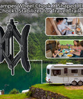 RV Wheel Chock Stabilizer Kit with 2 Sets X Chocks Scissor Tire Locking Chocks Ratchet Hex Socket Tool Kit and Gloves Black for Secure Parking on Slopes and Uneven RV Surfaces, displayed in camping scene with trailer and family.