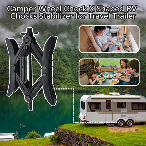 RV Wheel Chock Stabilizer Kit with 2 Sets X Chocks Scissor Tire Locking Chocks Ratchet Hex Socket Tool Kit and Gloves Black for Secure Parking on Slopes and Uneven RV Surfaces, displayed in camping scene with trailer and family.