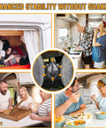 Collage of people sleeping, cooking, playing, and eating in an RV with a focus on Camper Wheel Chock Stabilizers for stability