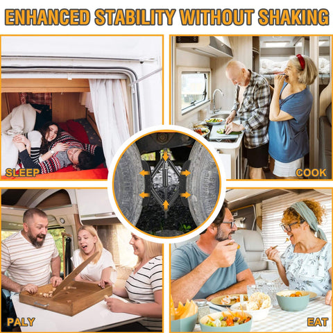 Collage of people sleeping, cooking, playing, and eating in an RV with a focus on Camper Wheel Chock Stabilizers for stability
