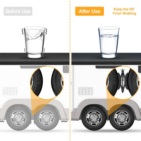 Comparison showing camper with and without Camper Wheel Chock Stabilizer Set Upgraded Heavy Duty X Shaped RV Stabilizers in use