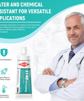 Go To High Temperature Silicone RTV Sealant Adhesive In A 1.8 Oz Tube next to a doctor illustration on a blue background