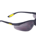 Side view of Rx Bifocal Safety Glasses 2.0 Diopter Smoke Lens Protective Eyeglass Sleeve with black frame and yellow accents.