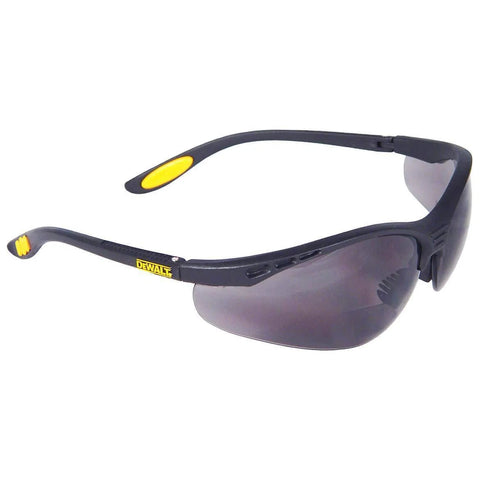 Side view of Rx Bifocal Safety Glasses 2.0 Diopter Smoke Lens Protective Eyeglass Sleeve with black and yellow frame