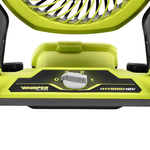 Close-up of control panel on Cordless Hybrid 18V 7.5 Inch Whisper Series Fan Tool Only Green Ryobi PCL811B One Plus Compatible