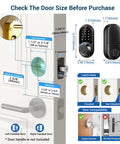 Secure front door access with a 7-in-1 fingerprint smart lock featuring biometric unlock, keypad entry, codes, app control, fobs, eKey sharing, web access, and a mechanical key for dependable, convenient security on door sizing guide.
