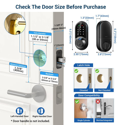 Secure front door access with a 7-in-1 fingerprint smart lock featuring biometric unlock, keypad entry, codes, app control, fobs, eKey sharing, web access, and a mechanical key for dependable, convenient security on door sizing guide.