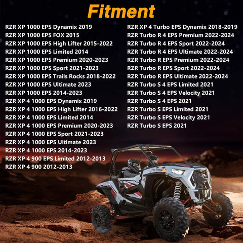 Compatibility list for Polaris RZR models next to an off-road RZR vehicle in a rugged landscape.