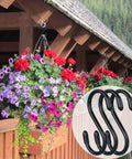 Colorful hanging flower baskets on a wooden porch with black metal S-hooks used for support, forest background visible.