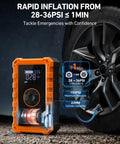 S8 Air Jump Starter With Air Compressor inflating car tire with digital display and orange casing, 150 PSI power